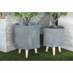 Set of 2 Farmhouse Hexagonal Ceramic and Fiber Clay Planters with Stands - Olivia & May Dark Gray