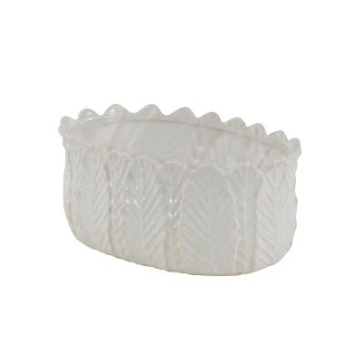 Set of 3 Modern Leaf Design Stoneware Planters White - Olivia & May 5 Set of 3 Modern Leaf Design Stoneware Planters White - Olivia & May - Image 3