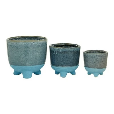 Set of 3 Cylindrical Ceramic Planter - Olivia & May Blue 8 Set of 3 Cylindrical Ceramic Planter - Olivia & May Blue - Image 6