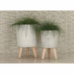Olivia & May Set of 3 Contemporary Fiber Clay Planters with Wooden Legs Gray - Olivia & May