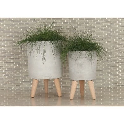 Olivia & May Set of 3 Contemporary Fiber Clay Planters with Wooden Legs Gray - Olivia & May 3 Olivia & May Set of 3 Contemporary Fiber Clay Planters with Wooden Legs Gray - Olivia & May