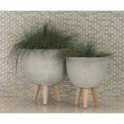 Olivia & May Set of 3 Contemporary Fiber Clay Planters with Wooden Stands - Olivia & May