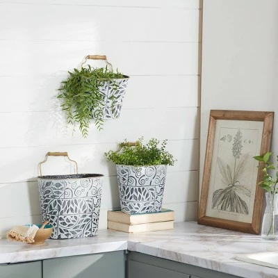 Olivia & May Set of 3 Metal Textured Patterned Planters with Metal Rim and Wood Handle Blue/Antique Gold - Olivia & May 3 Olivia & May Set of 3 Metal Textured Patterned Planters with Metal Rim and Wood Handle Blue/Antique Gold - Olivia & May