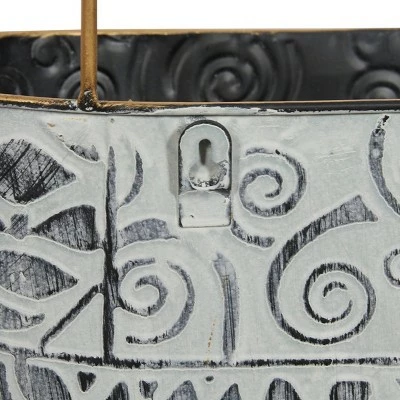 Olivia & May Set of 3 Metal Textured Patterned Planters with Metal Rim and Wood Handle Blue/Antique Gold - Olivia & May 5 Olivia & May Set of 3 Metal Textured Patterned Planters with Metal Rim and Wood Handle Blue/Antique Gold - Olivia & May - Image 3