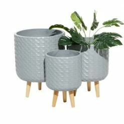 Olivia & May Set of 3 Contemporary Wood Grid Patterned Planters Gray - Olivia & May