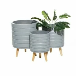 Olivia & May Set of 3 Contemporary Wood Striped Planters Gray - Olivia & May