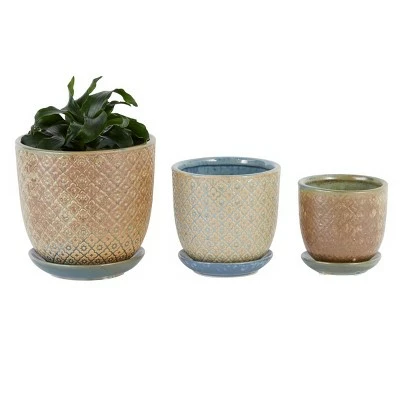 Olivia & May Set of 3 Ceramic Planter with Saucer Set - Olivia & May 3 Olivia & May Set of 3 Ceramic Planter with Saucer Set - Olivia & May
