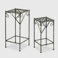 2pc Square Iron Plant Stands With Ridged Detail Black - Ore International