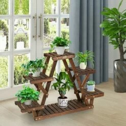 Costway Wood Plant Stand Triangular Shelf 6 Pots Flower Shelf Storage Rack Plant Holder -Cheap Planters Store unnamed file 7281
