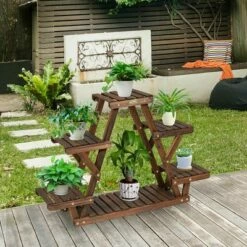 Costway Wood Plant Stand Triangular Shelf 6 Pots Flower Shelf Storage Rack Plant Holder -Cheap Planters Store unnamed file 7282
