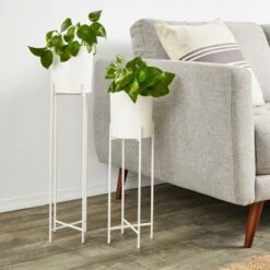 Juvale 2 Piece Modern Planter with Tall Stand, Standing Pot, Home Décor, White, 29.3 & 23 in Tall