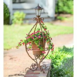 Wind & Weather Antiqued Wrought Iron Plant Stand with Solar Light