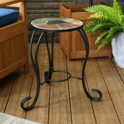 Sunnydaze Decor Sunnydaze Indoor/Outdoor Steel Frame Decorative Slate Tile Top Flower Plant Stand Display Side Table - 12"