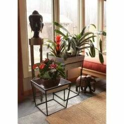 22" Large Indoor Outdoor Iron Arne Plant Stand with Deep Galvanized Steel Tray Black - ACHLA Designs