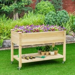 Costway Raised Garden Bed Wood Elevated Planter Bed w/Lockable Wheels Shelf & Liner -Cheap Planters Store unnamed file 7621