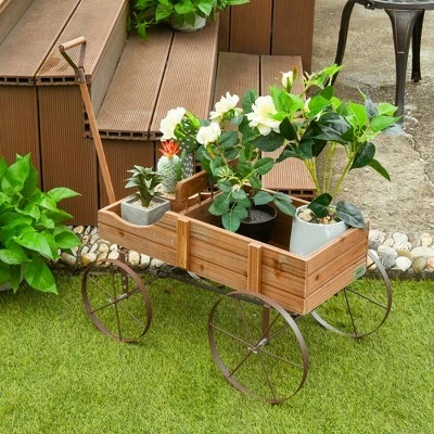 Costway Garden Plant Planter Wooden Wagon Planter W/ Wheel Garden Yard 4 Costway Garden Plant Planter Wooden Wagon Planter W/ Wheel Garden Yard - Image 2