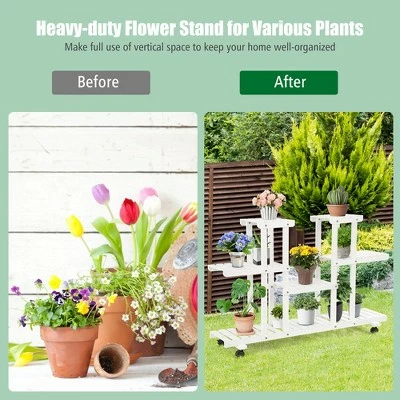 Costway 4-Tier Rolling Flower Rack Wood Plant Stand Casters 12 Pots Bonsai Display Shelf 7 Costway 4-Tier Rolling Flower Rack Wood Plant Stand Casters 12 Pots Bonsai Display Shelf - Image 5