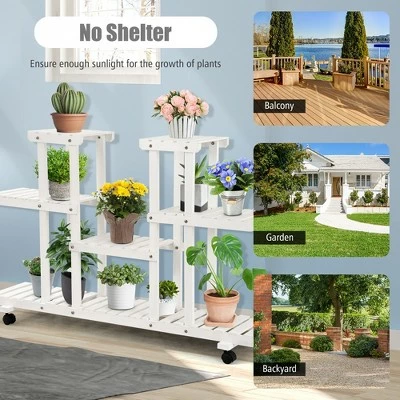 Costway 4-Tier Rolling Flower Rack Wood Plant Stand Casters 12 Pots Bonsai Display Shelf 8 Costway 4-Tier Rolling Flower Rack Wood Plant Stand Casters 12 Pots Bonsai Display Shelf - Image 6