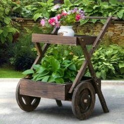 Outsunny 2-Tier Wooden Rustic Elevated Garden Plant Bed/Stand with Wheels and Handle for Movement & Classic Look/Aesthetic/Outdoor Decor