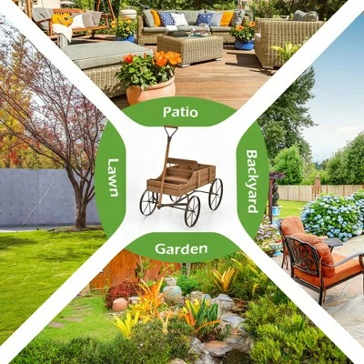 Costway Garden Plant Planter Wooden Wagon Planter W/ Wheel Garden Yard 6 Costway Garden Plant Planter Wooden Wagon Planter W/ Wheel Garden Yard - Image 4