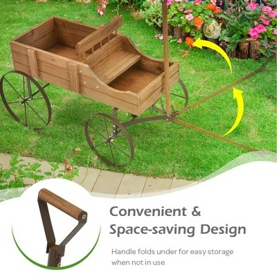 Costway Garden Plant Planter Wooden Wagon Planter W/ Wheel Garden Yard 7 Costway Garden Plant Planter Wooden Wagon Planter W/ Wheel Garden Yard - Image 5