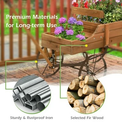 Costway Garden Plant Planter Wooden Wagon Planter W/ Wheel Garden Yard 8 Costway Garden Plant Planter Wooden Wagon Planter W/ Wheel Garden Yard - Image 6