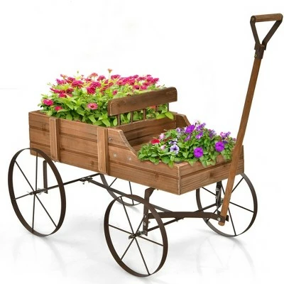 Costway Garden Plant Planter Wooden Wagon Planter W/ Wheel Garden Yard 12 Costway Garden Plant Planter Wooden Wagon Planter W/ Wheel Garden Yard - Image 10