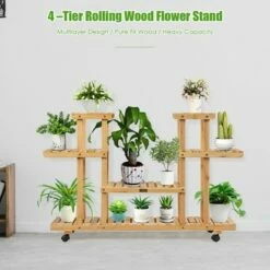 Costway 4-Tier Wooden Plant Stand W/Wheels Multipurpose Storage Rack, Wood Grain Color -Cheap Planters Store unnamed file 7781