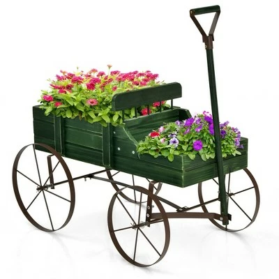 Costway Garden Plant Planter Wooden Wagon Planter W/ Wheel Garden Yard 13 Costway Garden Plant Planter Wooden Wagon Planter W/ Wheel Garden Yard - Image 11