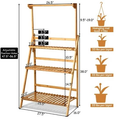 Costway 3 Tier Bamboo Hanging Folding Plant Shelf Stand Flower Pot Display Rack Bookcase 4 Costway 3 Tier Bamboo Hanging Folding Plant Shelf Stand Flower Pot Display Rack Bookcase - Image 2