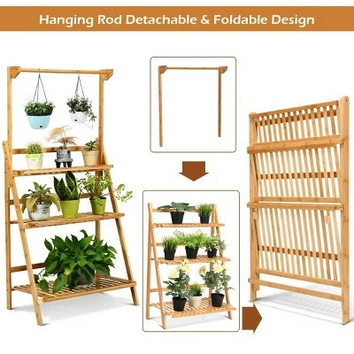 Costway 3 Tier Bamboo Hanging Folding Plant Shelf Stand Flower Pot Display Rack Bookcase 6 Costway 3 Tier Bamboo Hanging Folding Plant Shelf Stand Flower Pot Display Rack Bookcase - Image 4