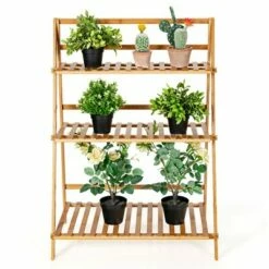 Costway Bamboo Ladder Plant Stand 3-Tier Foldable Flower Pot Display Shelf Rack Natural -Cheap Planters Store unnamed file 8043