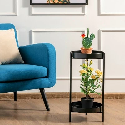 Costway 2 Tier Metal Plant Stand Mid Century Modern Stand w/2 Metal Tray GoldBlack 4 Costway 2 Tier Metal Plant Stand Mid Century Modern Stand w/2 Metal Tray GoldBlack - Image 2