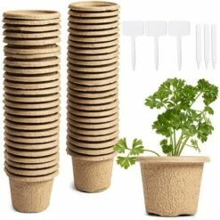 Juvale 50 Pack Round Seed Starter Peat Pots Biodegradable Seedling Tray with Plant Labels, 4.3 x 3.2 in
