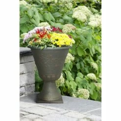 Southern Patio Porter 165 Inch Diameter Resin Stone Indoor Outdoor Garden Planter Urn Pot for Flowers, Herbs, Vegetables, and Plants, Rust Brown