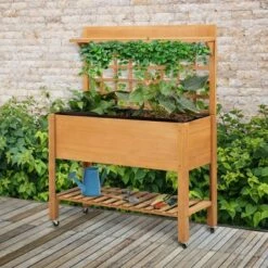 Outsunny 41'' Wooden Raised Garden Bed with Wheels Trellis Upper/Below Storage Shelf Elevated Planter Box Stand for Vegetables Flower