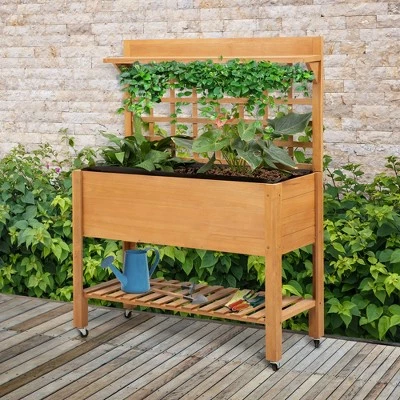 Outsunny 41'' Wooden Raised Garden Bed with Wheels Trellis Upper/Below Storage Shelf Elevated Planter Box Stand for Vegetables Flower 3 Outsunny 41'' Wooden Raised Garden Bed with Wheels Trellis Upper/Below Storage Shelf Elevated Planter Box Stand for Vegetables Flower